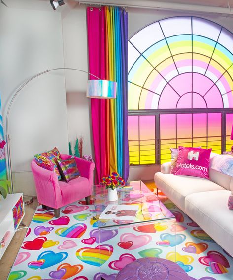 This Lisa Frank Hotel Room Is Here To Make All Your Tween Dreams A Reality #refinery29 https://www.refinery29.com/en-us/2019/10/8537788/lisa-frank-hotel-how-to-book Lisa Frank Home Decor, Lisa Frank Aesthetic Room, Rainbow Aesthetic Room, Lisa Frank Bedroom, Rainbow Room Aesthetic, Lisa Frank Aesthetic, Candy Room, Rainbow House, Rainbow Room