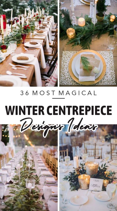 Centerpiece decoration is a helper for those of you who want to make the dining table atmosphere warmer. In order to have a dinner this winter, you can add some winter ornaments such as pine cones, pine leaves, candles, and berries. #winterdecorideas #wintercenterpieceideas #wintertabledecorideas Winter Wedding Centerpieces Table Decor, Winter Wedding Table Flowers, Winter Candle Centerpieces, Winter Greenery Centerpiece, Christmas Greenery Centerpiece, Winter Wedding Table Centerpieces, Winter Centerpieces For Table, Pine Centerpiece, Winter Table Decorations