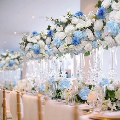 White Blue Wedding, Blue Wedding Table, Lace Table Runner Wedding, Wedding Themes Outdoor, Winter Flower Arrangements, Pastel Wedding Theme, Blue Wedding Centerpieces, Table Centerpiece Flower, Cinderella Theme