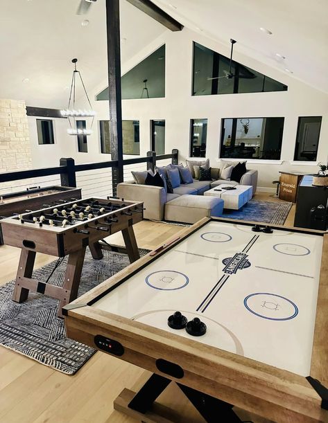 Air hockey, foosball, shuffleboard, arcade table Upstairs Loft Gameroom, Hockey Living Room, Basment Game Room, Open Concept Game Room, Long Narrow Game Room Ideas, Game Room Pool House, In House Arcade, Attic Entertainment Room Ideas, Game Loft Ideas