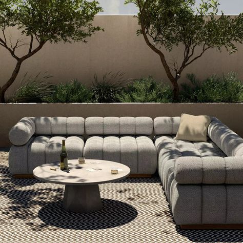 Roma Outdoor 5-Piece Sectional Faye Ash Four Hands Sectional With Ottoman, Corner Chair, Teak Outdoor, Four Hands, Outdoor Sectional, Modern Aesthetics, Teak Wood, Zero Waste, Comfortable Seating