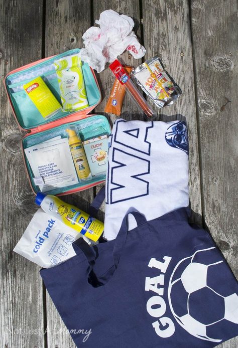 What you need inside your soccer survival bag Soccer Swag Bag Ideas, Coaching Soccer, Mom Essentials, Soccer Bag, Football Bag, Survival Bag, Travel Supplies, Pattern Shoes, Youth Soccer