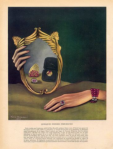 Suzanne Belperron (Ring) 1945 René Boivin (Ring beryl rose) Boucheron Vintage advert Jewelry illustrated by Rina Rosselli | Hprints.com Suzanne Belperron, Jewellery Advertising, Jewelry Editorial, Jewelry Illustration, Jewelry Design Drawing, Jewellery Sketches, Jewelry Ads, Tiffany Jewelry, Manama