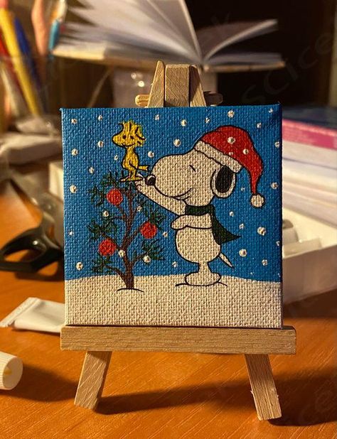 New Years Canvas Painting Ideas, Christmas Snoopy Painting, Cute Christmas Canvas Paintings Easy, Small Canvas Art Christmas, Christmas Painting Ideas Acrylic, Christmas Art Painting Acrylic Easy, New Year Painting Ideas Canvas, New Year Acrylic Painting, Cute Easy Christmas Paintings