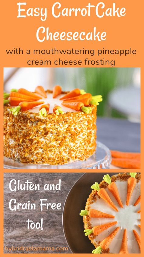 This gluten free carrot cake cheesecake recipe will bring you to your knees! The pineapple cream cheese frosting is truly the icing on the cake. While it looks a little daunting I assure you this is an easy carrot cake cheesecake. You will make it again and again. #carrotcakecheesecake #carrotcakerecipe #pineapplecreamcheese #glutenfreecarrotcake From HybridRastaMama.com Gluten Free Carrot Cake Cheesecake, Pineapple Cream Cheese Frosting, Carrotcake Cheesecake, Cake And Cheesecake, Carrot Cheesecake, Pineapple Cream Cheese, Carrot Cakes, Gluten Free Carrot Cake, Carrot Cake Cheesecake