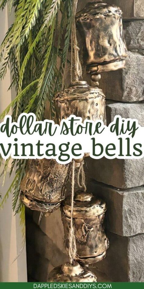 Looking for a way to make homemade Christmas bells? Well then, check out these DIY hanging brass bells using Dollar Tree supplies! Brass Bells Hanging Decor / DIY Christmas Bells / Vintage Brass Bells Christmas Using Bells In Christmas Decor, Christmas Decor Ideas Using Bells, How To Make Large Jingle Bells, Gold Christmas Bells Decorations, Bells Made From Glass Shades, Diy Dollar Tree Christmas Bells, Christmas Bells Mantle, Diy Large Bells, Diy Rustic Christmas Bells