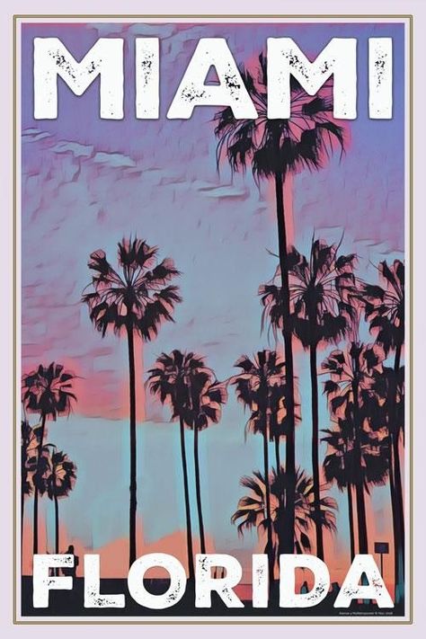 Miami • Florida ~ My Retroposter Travel Miami, Florida Poster, Bedroom Wall Collage, Vintage Poster Design, Retro Travel Poster, Picture Collage Wall, Photo Wall Collage, Vintage Poster Art, Art Collage Wall