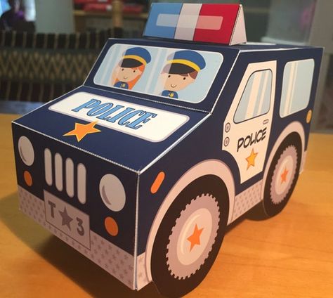 Police car favor box centerpiece decoration / police party favors / police birthday printable favor box / navy blue police car toy Policeman Birthday Party, Police Party Favors, Police Theme Party, Police Birthday Party, Car Box, Box Centerpiece, Police Party, Police Birthday, Favor Boxes Birthday