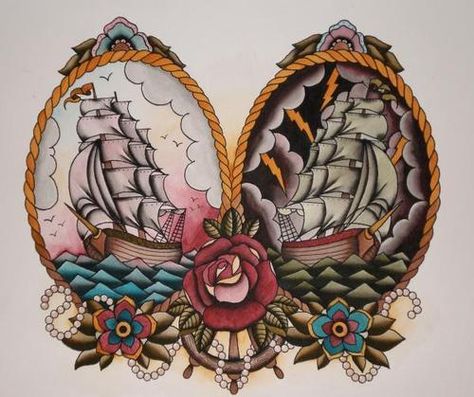 Sink or Swim Traditional Ship Tattoo, Old School Rose, Sailor Theme, Tattoo Old School, Theme Tattoo, Nautical Tattoo, Ship Tattoo, Sailor Jerry, Tattoo Flash Art