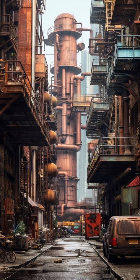 Futuristic Industrial City, Sci Fi Industrial City, Junk Town Concept Art, Industrial City Concept Art, Diesel Punk City, Industrial Dystopia, Biopunk City, Steam Punk City, Punk Architecture