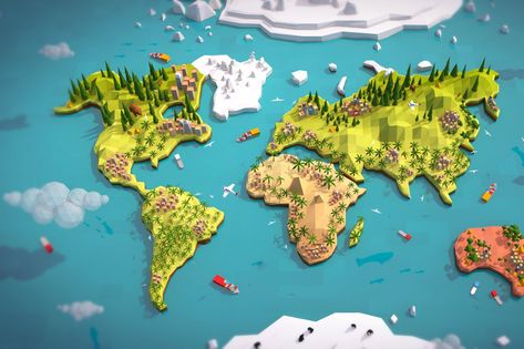 Cartoon Low Poly Earth World Map ~ 3D Models ~ Creative Market World Map Game, Earth World, Map Games, Low Poly Games, Earth Map, Landscape Model, 3d Image, Low Poly Art, 3d Studio