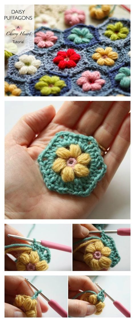 Puff Stitch Granny Square Pattern, Crochet Flowers Blanket, Crochet Puff Flowers Free Pattern, Puff Flower Granny Square, Puff Stitch Granny Square, Crochet Directions, Crochet Flower Blanket, Crochet Puff Flower, Crochet Spring