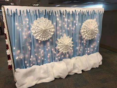 Frozen Christmas Decorations Office, Winter Wonderland Work Cubicle, Winter Wonderland Office Door, Winter Dance Backdrop, Cubicle Winter Wonderland, Frozen Office Decorations, Snow Theme Christmas Decorations, School Hallway Christmas Decorations Winter Wonderland, Snowflake Dance Decorations