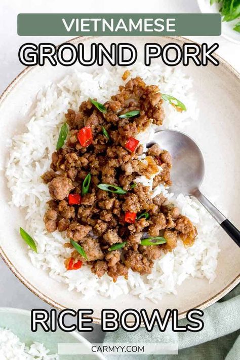 These Vietnamese Ground Pork Bowls come together so quickly and are so flavourful! Make them as an easy weeknight dinner or prepare them on the weekend as a meal prep. You only need a handful of ingredients and you’ll have dinner on the table in less than 30 minutes! Ground Pork Bowls, Ground Pork Recipes Easy, Pork And Rice Recipes, Pork Bowls, Healthy Eating Lunch, Ground Pork Recipes, Fast Meals, Healthy Bowls Recipes, Pork Recipes Easy