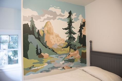 Wall mural based on a vintage paint by numbers. Paint By Number Mural Diy Wall, Paint By Number Wall Mural, Paint By Number Mural, Wall Murals Nature, Bookshelf Painting, Paint By Number Wall, Gear Garage, Spring Home Decor Ideas, Landscape Mural