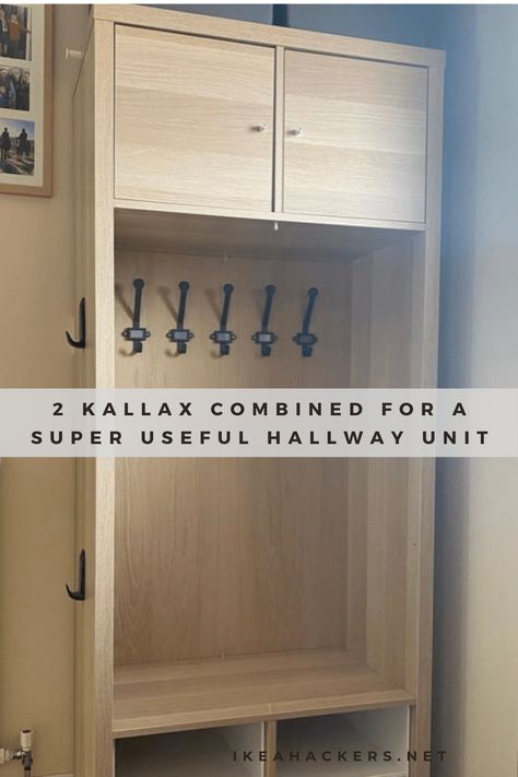 Combining 2 KALLAX for a super useful hallway unit. Makes a tall and slim entryway unit - complete with bench and storage cubbies. Shoes And Coats Storage, Kallax Hack Hallway, How To Hide Coats In Hallway, Coat Cupboard Ideas Hallways, Kallax Entryway Ideas, Narrow Hallway Storage Ideas, Entry Organization Ideas, Diy Hallway Storage, Kallax Shoe Storage