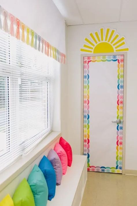 Rainbow Classroom, Classroom Makeover, Preschool Classroom Decor, Elementary Classroom Decor, Rainbow Room, New Classroom, Class Decoration, Classroom Door, Classroom Setup