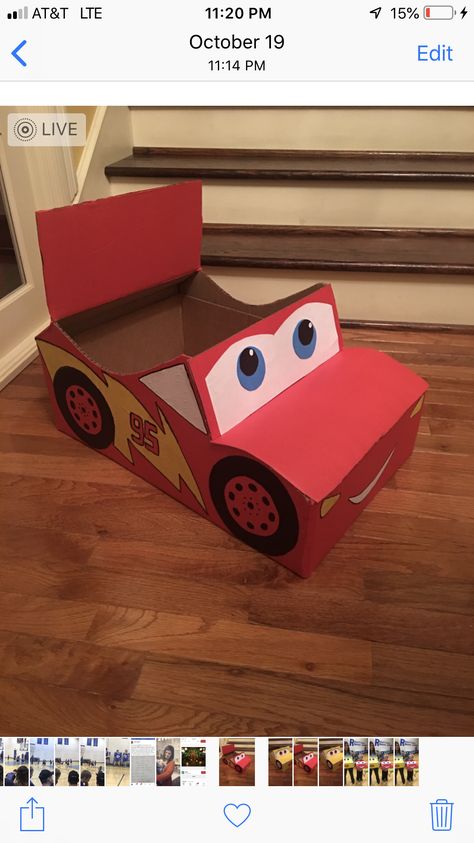 Cardboard Box Racing Car, Cardboard Box Lightning Mcqueen, Lighting Mcqueen Cardboard Box Car, Lightning Mcqueen Box Car, Lightning Mcqueen Cardboard Car, Lightning Mcqueen Craft, Car Box Ideas For Kids, Box Car Ideas Cardboard, Lightning Mcqueen Valentines Boxes