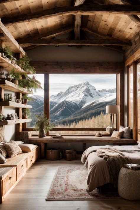 Woodsy Bedroom Ideas Rustic, Mountain Cabin Bedroom, Modern Mountain Bedroom, Cabin Interiors Cozy, Mountain Cabin Interior, Montana Bedroom, Mountain House Bedroom, Rustic Cabin Interior, Winter Hotel