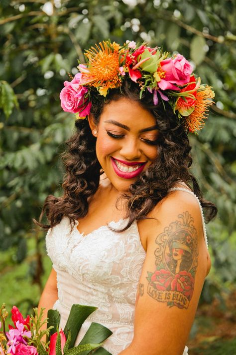 Tropical Flower Headpiece, Tropical Flower Crown Wedding, Beach Wedding Flower Crown, Flower Crown Hawaii, Rainforest Elopement, Tropical Headpiece, Hair Color Ideas Summer, Mexican Flower Crown, Tropical Flower Crown