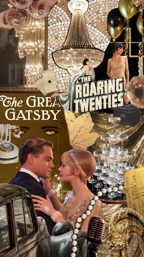 The Great Gatsby Moodboard, Great Gatsby Vibes, The Great Gatsby Collage, Great Gatsby Collage, Great Gatsby Color Palette, 1920s Collage, Great Gatsby Scrapbook, 1920s Aesthetic Gatsby, Vintage Party Aesthetic