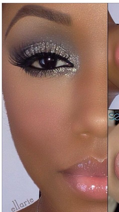 Gray Silver Eye Makeup, Make Up Looks For Grey Dress, Cheer Comp Eyeshadow, Fun Bridal Makeup Looks, Comp Makeup Cheer, Pewter Eye Makeup, Bridal Glitter Eye Makeup, Grey Eye Shadow Look, Sliver Eyeshadow Looks Simple