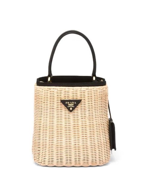 FARFETCH: PRADA… Prada Beach Bag, Prada Purses, Bag Prada, Wicker Bags, Straw Bags, Bags Logo, Denim Accessories, Wicker Basket, Triangle Logo