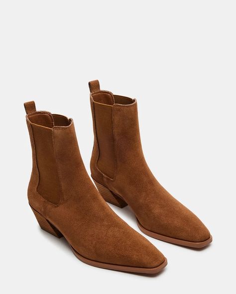 EVAN Chestnut Suede Chelsea Ankle Boot | Women's Booties – Steve Madden Women's Booties, Chelsea Ankle Boots, 2 Inch Heels, Toe Designs, Womens Boots Ankle, Elevate Your Style, Chestnut, Bootie, Steve Madden