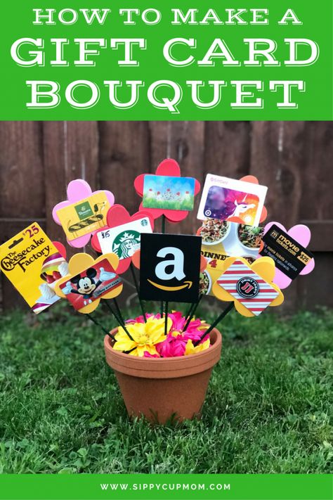 How To Make a Gift Card Bouquet - Sippy Cup Mom #giftcard #giftideas #giftcards #gifts #love #amazongiftcard #christmasgift #giftbox #giftsforhim #giftidea #card Gift Card Tree, Gift Card Basket, Christmas Gift Ideas For Mom, Card Bouquet, Gift Card Bouquet, Gift Card Presentation, Card Basket, Raffle Basket, Raffle Baskets