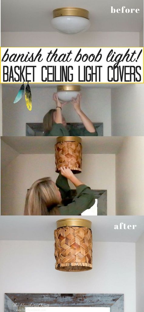 Conquer the Ceiling Cleavage! You can banish those ugly flushmount light fixtures in minutes with these simple DIY ceiling light covers made from a basket #DIY #lighting #booblights #flushmount #booblightideas #prettyflushmountlighting #DIYlighting via @heathernest Diy Ceiling Light, Ceiling Lights Diy, Lighting Makeover, Celing Light, Ceiling Light Covers, Basket Diy, Diy Light Fixtures, Vintage Industrial Lighting, Diy Ceiling