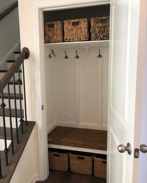 Entry Closet Organization Ideas Small, Closet To Cubbies, Entryway Diy Storage, Coat Closet Organization Ideas Entryway, Foyer Cubby Ideas Entryway, Coat Closet Designs Entryway, Closet Into Sitting Area, Decor Top Of Stairs, Coat Closer To Mudroom