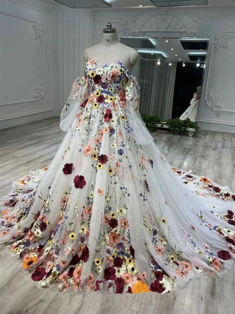 Multi Color Wedding Dress, Wedding Dresses Embroidery Flowers, Wedding Dress Colorful Flowers, Colorful Bridal Gown, Wedding Dresses With Flowers Colour, Bright Floral Wedding Dress, Wedding Dresses With Embroidered Flowers, White Wedding Dress With Colored Flowers, Colourful Floral Wedding Dress