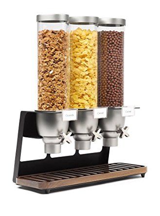 Rosseto EZ520 Triple Container EZ-SERV Table-Top Cereal Dispenser with Walnut Tray, 3.9 Gallon Food Dispensers, Cereal Dispenser, Beverage Dispenser, Food Dispenser, Brass Frame, Küchen Design, Food Storage Containers, Kitchen Storage Organization, Canisters