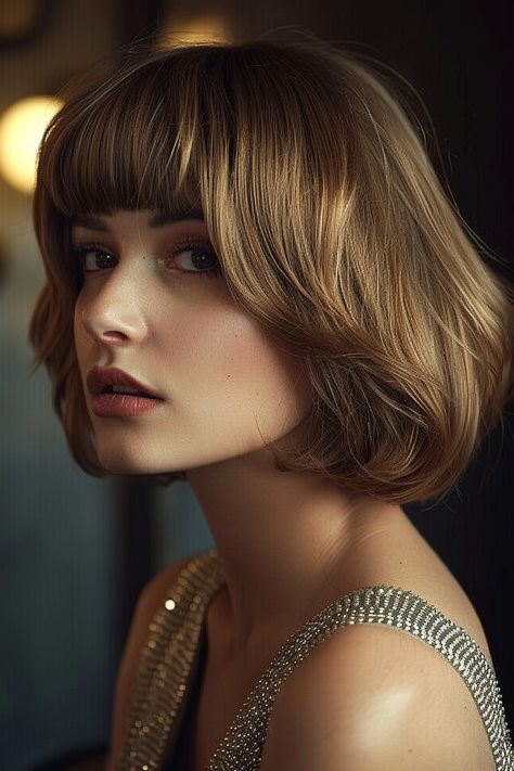 A woman with a classic pageboy haircut and modern straight bangs in honey-blond. Pageboy Haircut Women, Page Haircut, Modern Bangs, Across Bangs, Pageboy Haircut, Twisted Bangs, Straight Across Bangs, A Line Bob, A Line Bobs