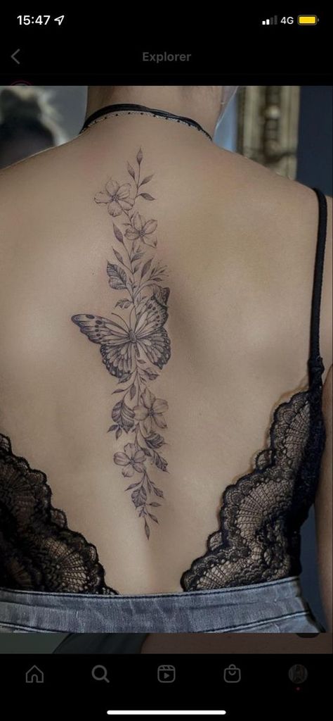 Spinal Tattoo Butterfly, Upper Back Tattoo Butterfly, Floral Butterfly Spine Tattoo, Rose And Butterfly Back Tattoo, Back Tats Women Butterflies, Magical Back Tattoo, Big Butterfly Back Tattoo, Dragonfly Spine Tattoos For Women, Big Butterfly Tattoo On Back