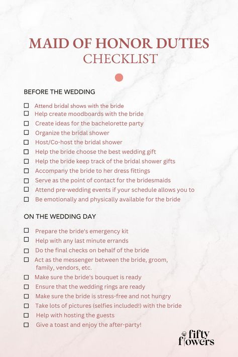 A graphic featuring a maid of honor duties checklist for wedding planning. Roles Of Maid Of Honor, Maid Of Honor Duties Checklist, Bridesmaid Checklist, Flower Girl Proposal Ideas, Maid Of Honor Responsibilities, Diy Wedding Tips, Maid Of Honor Duties, Wedding Planning Checklist Timeline, Wedding Tips And Tricks