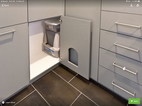 Hidden Laundry Rooms, Cat Litter Cabinet, Hiding Cat Litter Box, Utility Room Organization, Hidden Litter Boxes, Custom Laundry Room, Hidden Laundry, Recessed Panel Cabinets, Laundry Design