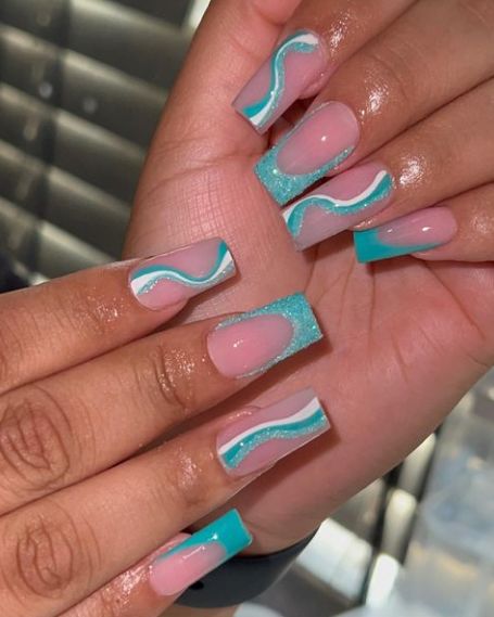 Short Acrylic Nails Turquoise, Aqua Blue Nail Designs, Teal Acrylic Nails Designs, Pale Turquoise Nails, Torquise Nails Turquoise Design, Teal Homecoming Nails, Aqua Blue Nails Turquoise, Tiffany Blue Nails Design Ideas, French Nails Turquoise