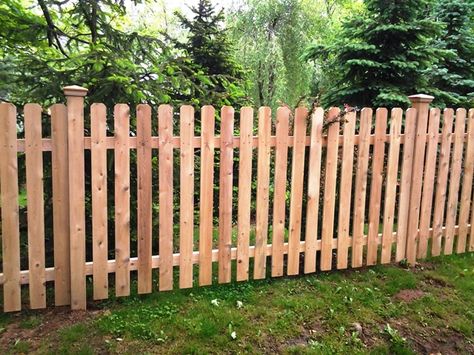 Wood Picket Fence Dog Eared Picket Fence, Wood Picket Fence Ideas, 4 Foot Wood Fence Ideas, Cedar Picket Fence, Wood Picket Fence, Northern White Cedar, Wood Fence Design, Privacy Fence Designs, Fence Styles