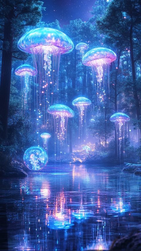 A dreamlike forest filled with floating luminescent jellyfish and towering crystal trees, bathed in soft, pastel moonlight reflecting on a shimmering lake. Jellyfish Landscape, Luminescent Jellyfish, Mad Gallica, Surreal Forest, Dreamlike Landscape, Floating Jellyfish, Glowing Water, Glowing Garden, Crystal Trees