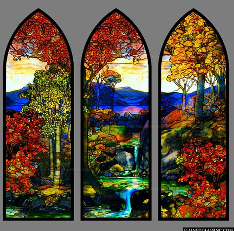 "Tiffany Fall Landscape" Stained Glass Window Stain Glass Window Art, Fall Canvas Painting, Glass Art Design, Glass Window Art, Fall Landscape, Tiffany Stained Glass, Stained Glass Lamps, Stained Glass Crafts, Stained Glass Designs