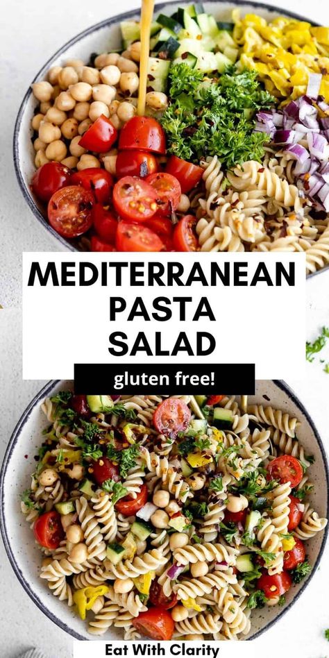 Gluten Free Mediterranean, Gluten Free Pasta Salad Recipes, Chickpea Pasta Salad, Pasta Salad Vegan, Picnic Salads, Protein Pasta Salad, Mediterranean Pasta Salad, Gluten Free Pasta Salad, High Protein Pasta