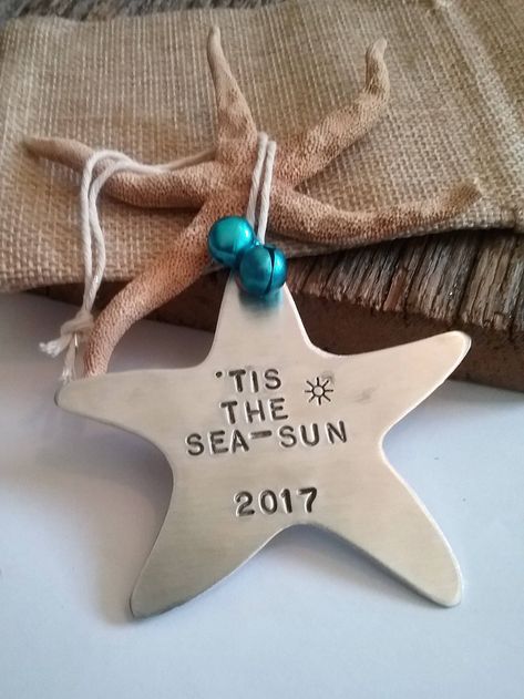 "Starfish Ornament / Wedding / Personalized Beachy Ornament / Coastal Christmas / Tropical Holiday Ornament / Tis The Sea Sun / Beach Decoration Blue Santa's Coming Soon! What a unique way to show your beach style then with this ocean themed starfish ornament, including the message of \"TIS THE SEA-SUN\" and current YEAR and SUNSHINE stamp....or personalize how you wish, as long as the message fits (8 words MAX). Any questions, just ask prior to purchase! We designed this ornament ourselves, so Christmas Tropical, Beach Christmas Decorations, Beach Christmas Ornaments, Coastal Christmas Tree, Florida Christmas, Coastal Christmas Decor, Nautical Christmas, Beachy Christmas, Beach Ornaments