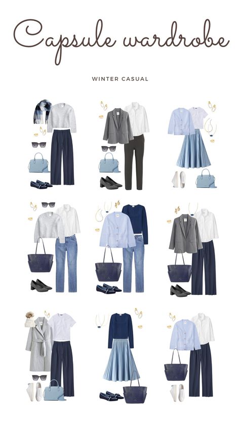 Winter business casual capsule wardrobe, minimalist, preppy, work wear capsule wardrobe Blue Capsule Wardrobe, Work Wear Capsule, Navy Capsule Wardrobe, Preppy Capsule Wardrobe, Business Casual Capsule Wardrobe, Business Casual Capsule, Winter Business Casual, Casual Capsule Wardrobe, Create A Capsule Wardrobe