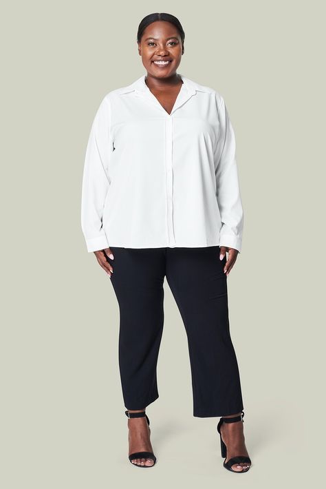 Plus size white shirt black pants apparel mockup psd body positivity shoot | free image by rawpixel.com / nunny Plus Size White Shirt, Dress Mockup, Apparel Mockup, Button Shirt Dress, Plus Size White, Clothing Mockup, Black Trousers, Mockup Psd, Button Shirt