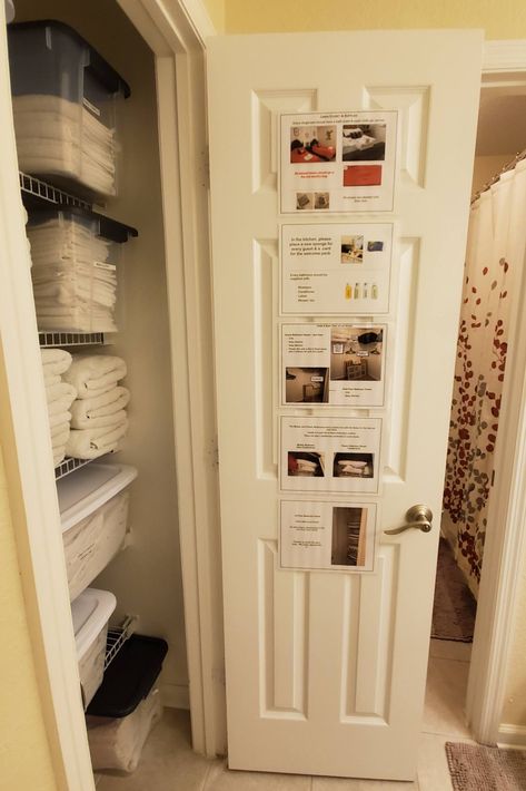 Airbnb Linen Closet, Air Bnb Storage Closet, Airbnb Storage Closet, Vacation Rental Owners Closet, Airbnb Towel Storage, Airbnb Supply Closet, Airbnb Owners Closet Organization, Short Term Rental Cleaning Checklist, Airbnb Storage Ideas