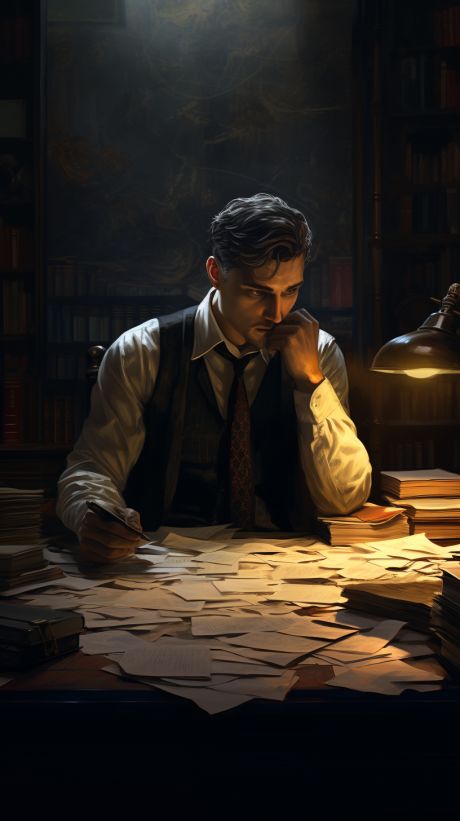 Photorealistic image of a clever detective sitting in his office Noir Detective, Detective Aesthetic, Tableaux Vivants, Private Detective, Call Of Cthulhu, Urban Fantasy, Story Inspiration, Cthulhu, Dark Fantasy Art