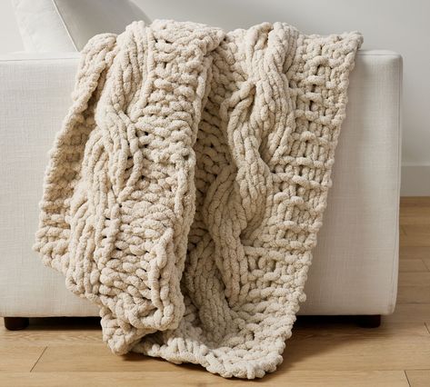 Plush Colossal Handknit Throw | Pottery Barn Cottage House Interior, Make A Bed, Pottery Barn Living Room, Farmhouse Blankets, Textile Manufacturing, Plaid Throw Blanket, Cozy Living Spaces, Cashmere Throw, Beige Plaid