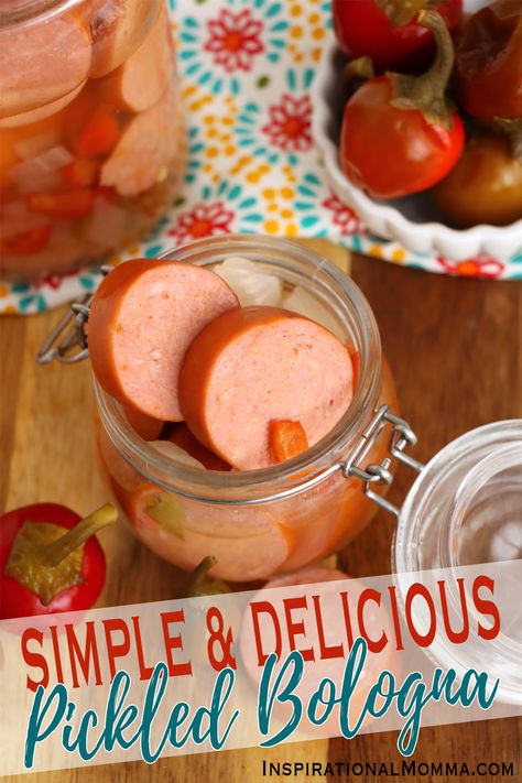 Pickled bologna is an easy recipe filled with the smoked, tangy, and zesty flavors of bologna, pickled peppers, and onions. #pickledbologna #pickledbolognarecipe #easypickledbologna Picked Bologna, Hot Pickled Bologna Recipe, Pickled Bologna Recipe, Pickled Bologna, Pickled Sausage, Bologna Recipes, Pepperoni Recipes, Pickled Peppers, Game Meat