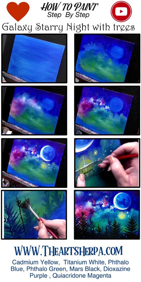 Art Sherpa, The Art Sherpa, Canvas Painting Tutorials, A Starry Night, Acrylic Painting Tips, Galaxy Painting, Acrylic Painting For Beginners, Canvas Painting Diy, Acrylic Painting Techniques